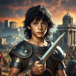 A young teenage version of Alexander the Great, with striking black hair and a determined expression