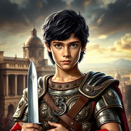 A young teenage version of Alexander the Great, with striking black hair and a determined expression