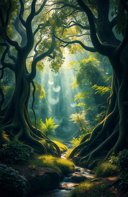 A mystical scene in a lush forest known as the Whispering Woods, where sunlight filters through the dense canopy overhead, casting dappled shadows on the forest floor