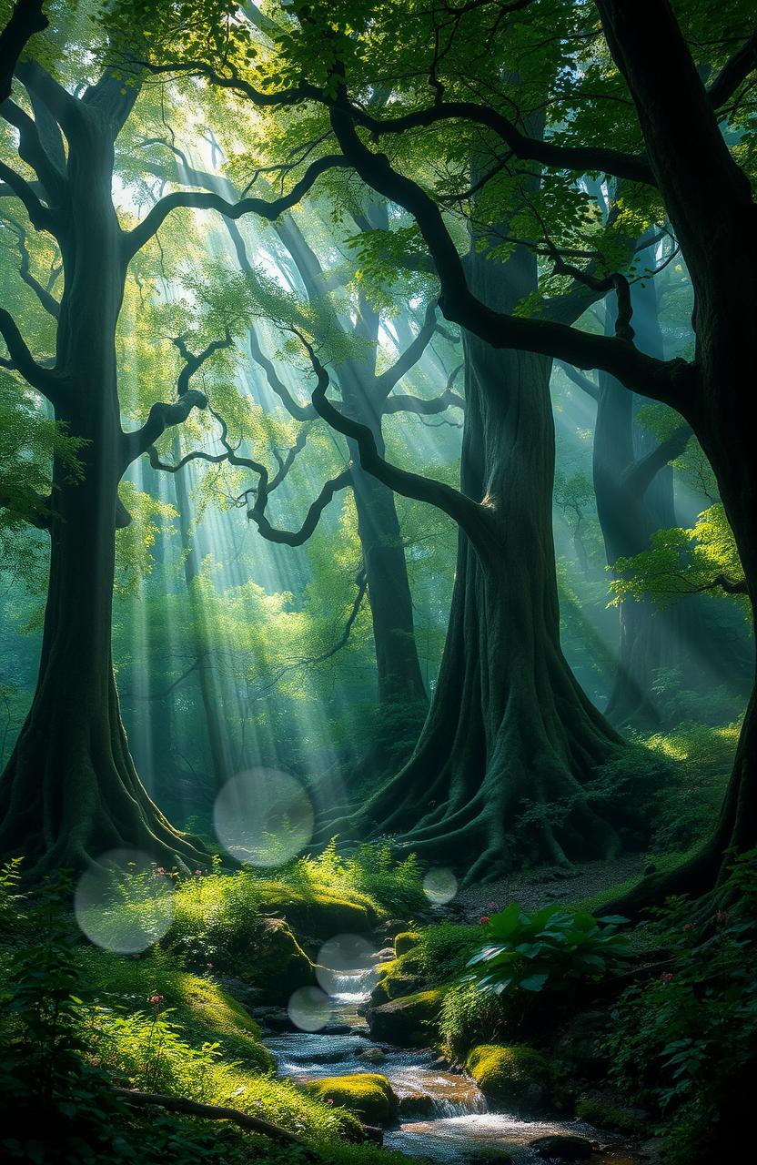 A mystical scene in a lush forest known as the Whispering Woods, where sunlight filters through the dense canopy overhead, casting dappled shadows on the forest floor