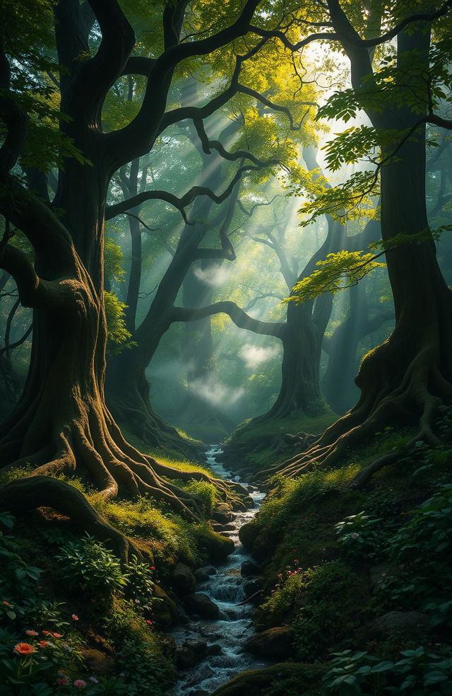 A mystical scene in a lush forest known as the Whispering Woods, where sunlight filters through the dense canopy overhead, casting dappled shadows on the forest floor