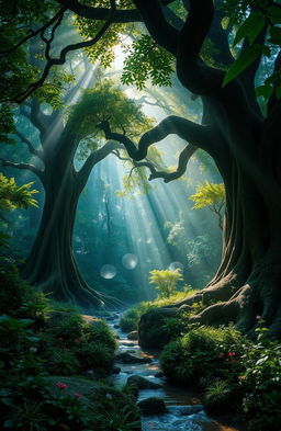 A mystical scene in a lush forest known as the Whispering Woods, where sunlight filters through the dense canopy overhead, casting dappled shadows on the forest floor