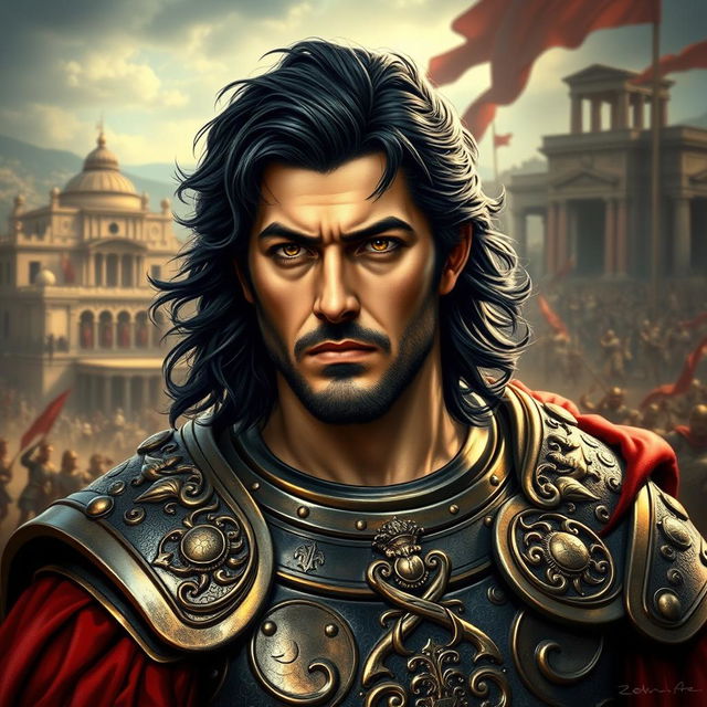 A portrayal of Alexander the Great with striking black hair, embodying his iconic heroic presence