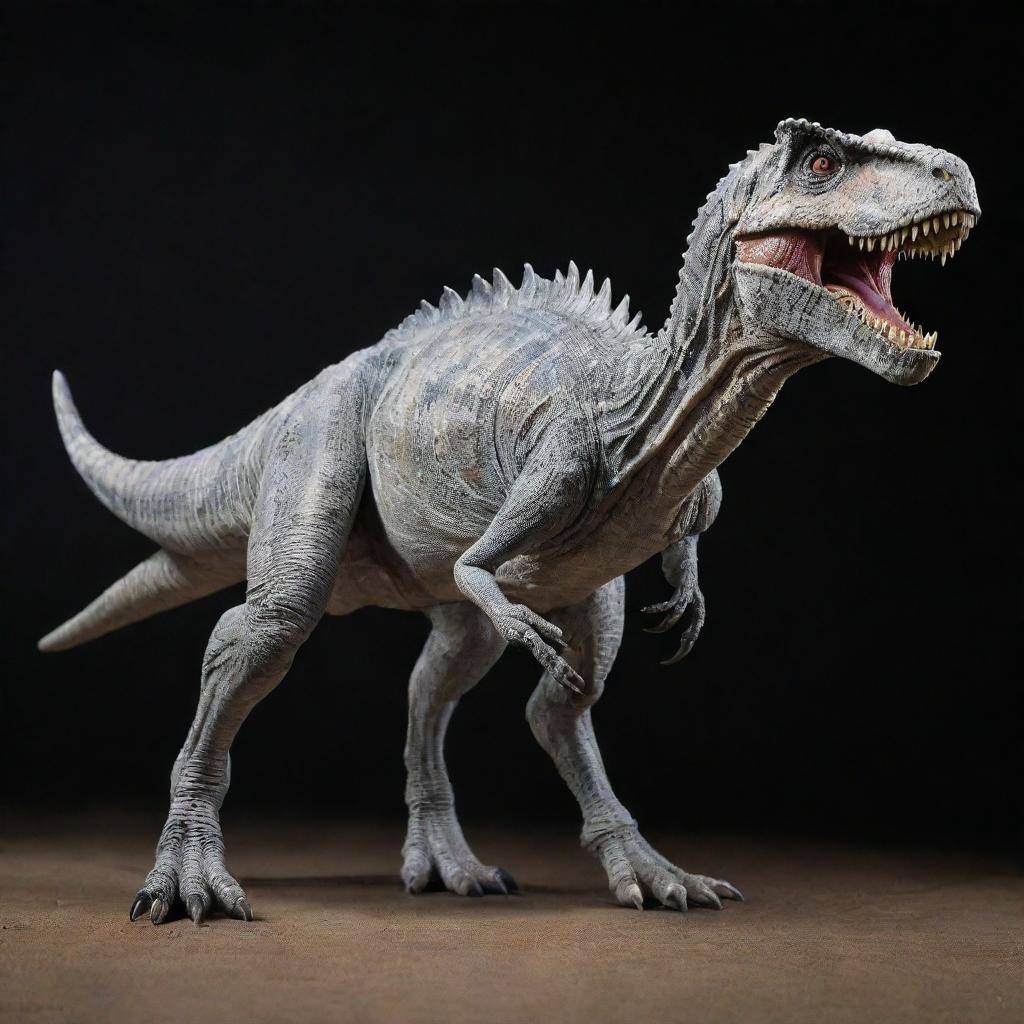 A highly-detailed, lifelike image of the Indominus Rex from Jurassic World with two strong legs, two clawed hands, and a vibrant white skin.