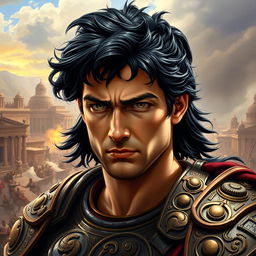 A portrayal of Alexander the Great with striking black hair, embodying his iconic heroic presence