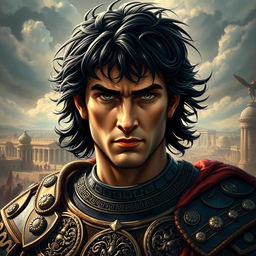 A portrayal of Alexander the Great with striking black hair, embodying his iconic heroic presence