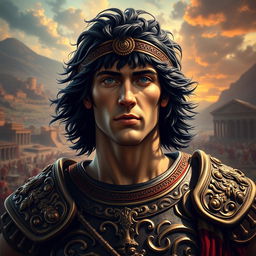 A portrayal of Alexander the Great with striking black hair, embodying his iconic heroic presence