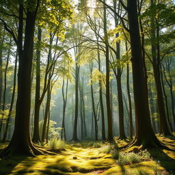 A captivating scene in a beautiful forest known as the Whispering Woods, featuring tall, slender trees with lush green leaves that form a natural archway