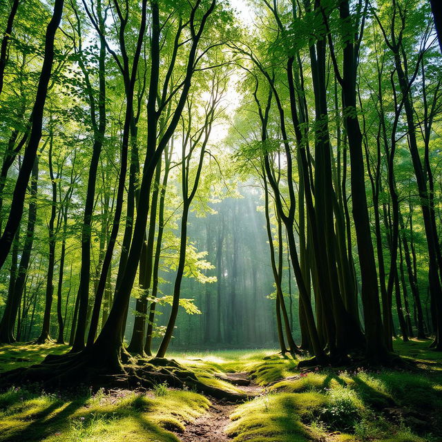 A captivating scene in a beautiful forest known as the Whispering Woods, featuring tall, slender trees with lush green leaves that form a natural archway