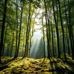 A captivating scene in a beautiful forest known as the Whispering Woods, featuring tall, slender trees with lush green leaves that form a natural archway