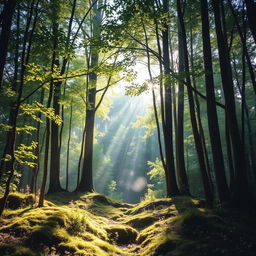A captivating scene in a beautiful forest known as the Whispering Woods, featuring tall, slender trees with lush green leaves that form a natural archway
