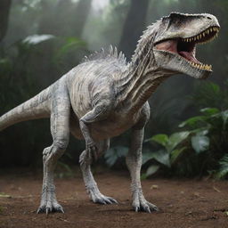 A highly-detailed, lifelike image of the Indominus Rex from Jurassic World with two strong legs, two clawed hands, and a vibrant white skin.