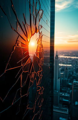 A stunning view of a broken glass skyscraper reflecting the warm golden hues of a setting sun