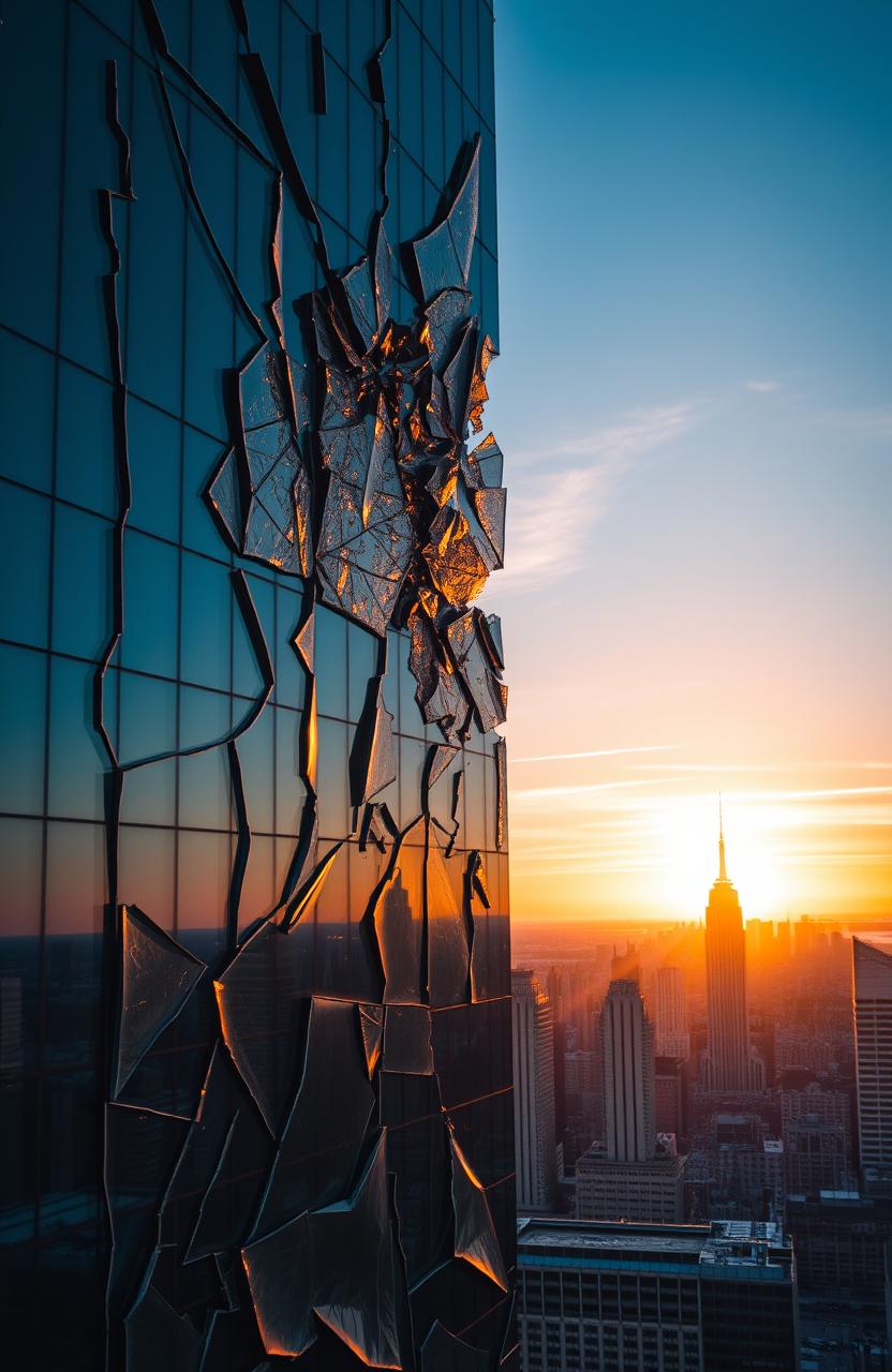 A stunning view of a broken glass skyscraper reflecting the warm golden hues of a setting sun