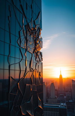 A stunning view of a broken glass skyscraper reflecting the warm golden hues of a setting sun