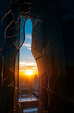 A stunning view of a broken glass skyscraper reflecting the warm golden hues of a setting sun