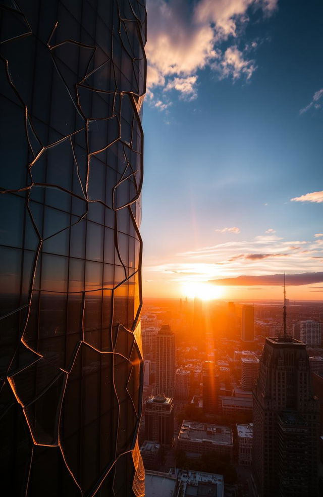 A stunning view of a broken glass skyscraper reflecting the warm golden hues of a setting sun