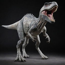 A highly-detailed, lifelike image of the Indominus Rex from Jurassic World with two strong legs, two clawed hands, and a vibrant white skin.