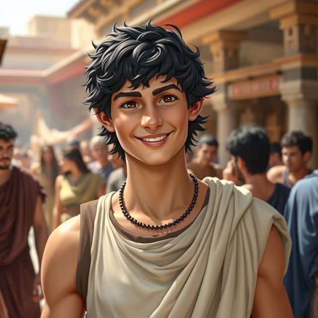 A youthful and friendly portrayal of Alexander the Great with black hair, depicting him as an approachable and charismatic leader