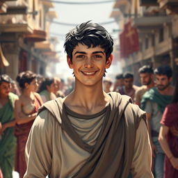 A youthful and friendly portrayal of Alexander the Great with black hair, depicting him as an approachable and charismatic leader