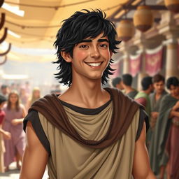 A youthful and friendly portrayal of Alexander the Great with black hair, depicting him as an approachable and charismatic leader