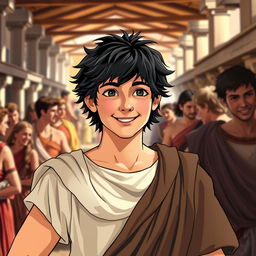 A youthful and friendly portrayal of Alexander the Great with black hair, depicting him as an approachable and charismatic leader