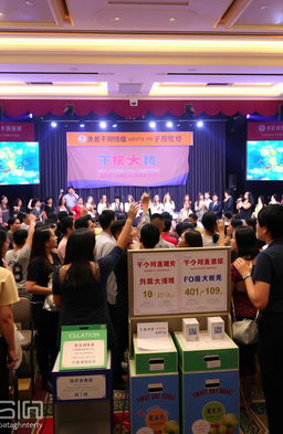 A vibrant scene of a charity singing competition event, featuring a grand stage with bright lights and a large audience