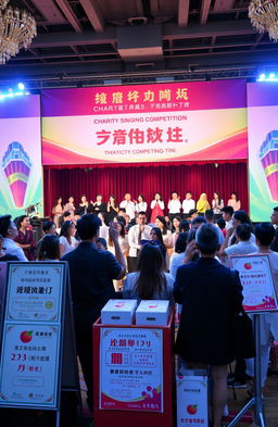A vibrant scene of a charity singing competition event, featuring a grand stage with bright lights and a large audience