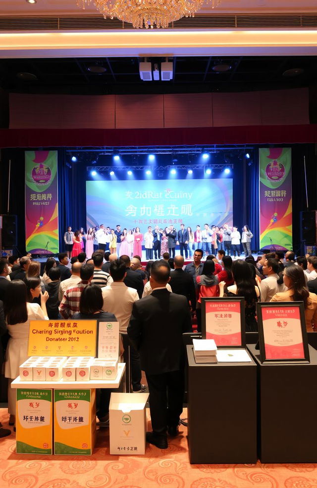 A vibrant scene of a charity singing competition event, featuring a grand stage with bright lights and a large audience