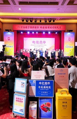 A vibrant scene of a charity singing competition event, featuring a grand stage with bright lights and a large audience
