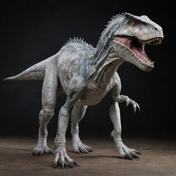 A highly-detailed, lifelike image of the Indominus Rex from Jurassic World with two strong legs, two clawed hands, and a vibrant white skin.