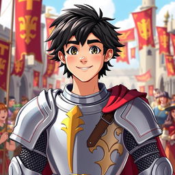 A friendly teenage knight captain portrayal of Alexander the Great, featuring striking black hair