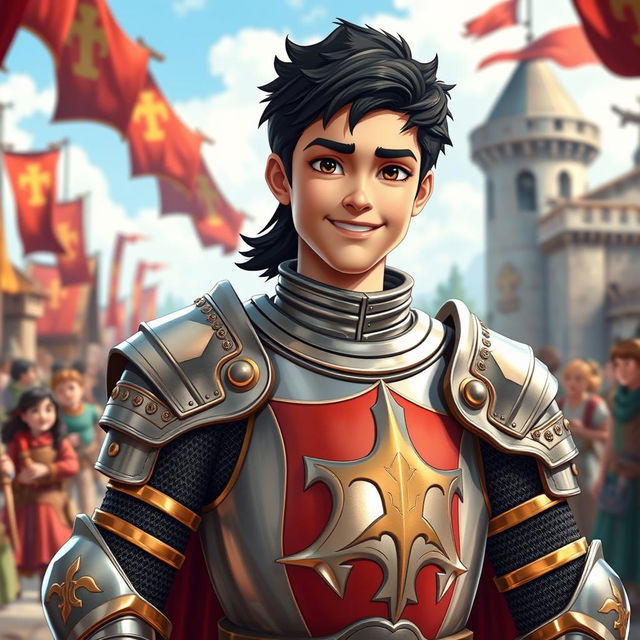 A friendly teenage knight captain portrayal of Alexander the Great, featuring striking black hair