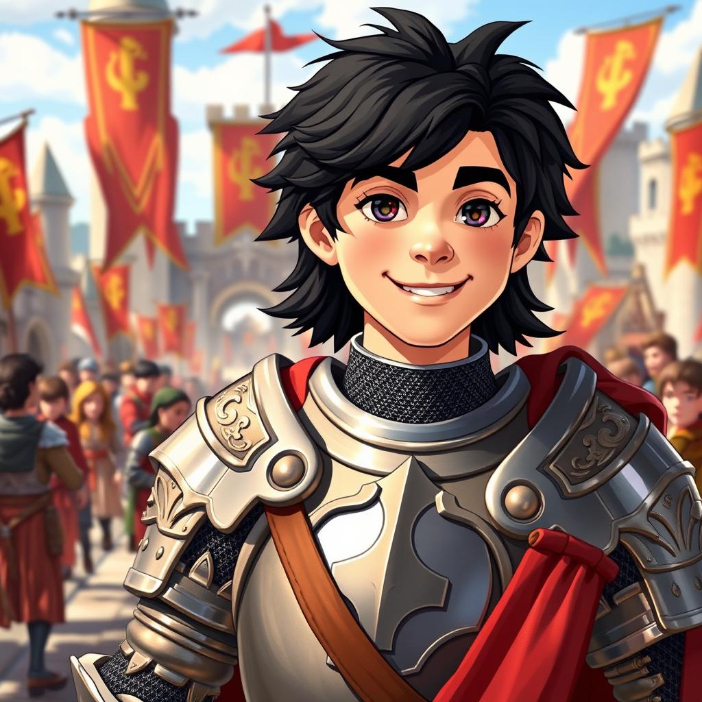 A friendly teenage knight captain portrayal of Alexander the Great, featuring striking black hair