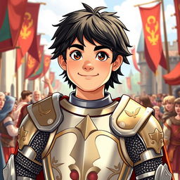 A friendly teenage knight captain portrayal of Alexander the Great, featuring striking black hair