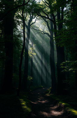 A mysterious and enchanting scene of dark green woods, with tall, ancient trees creating a canopy overhead