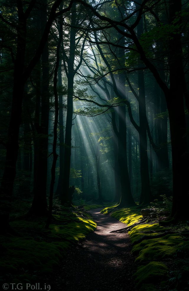 A mysterious and enchanting scene of dark green woods, with tall, ancient trees creating a canopy overhead