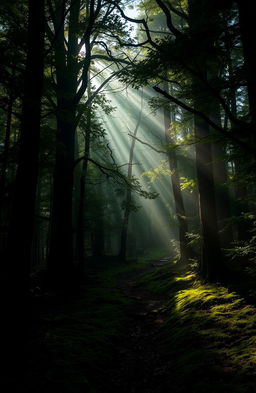 A mysterious and enchanting scene of dark green woods, with tall, ancient trees creating a canopy overhead