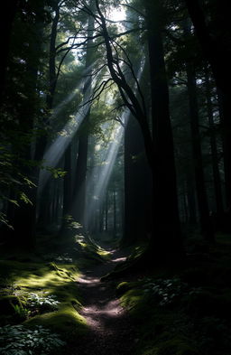 A mysterious and enchanting scene of dark green woods, with tall, ancient trees creating a canopy overhead