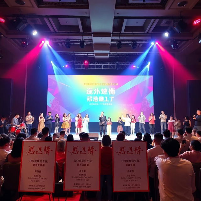 A lively charity singing competition event, showcasing a large stage brightly lit with colorful spotlights