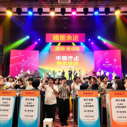 A lively charity singing competition event, showcasing a large stage brightly lit with colorful spotlights