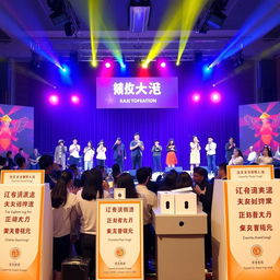A lively charity singing competition event, showcasing a large stage brightly lit with colorful spotlights