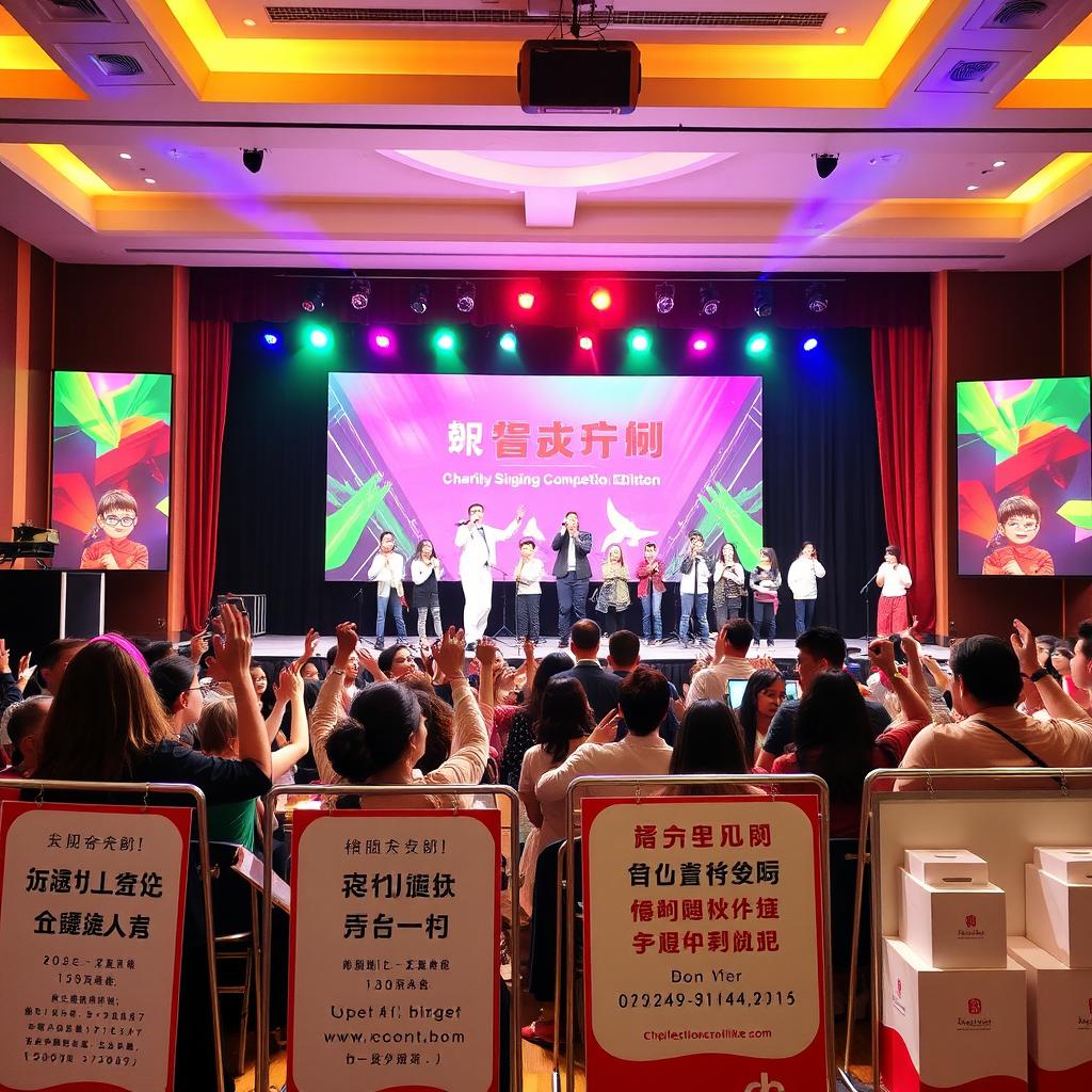 A lively charity singing competition event, showcasing a large stage brightly lit with colorful spotlights