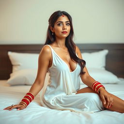 A beautiful newly married woman sitting gracefully on a bed, her expression serene as she waits for her husband