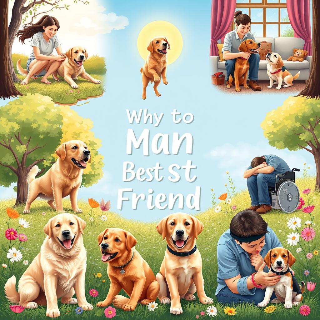 A heartwarming and engaging scene illustrating the bond between dogs and humans, featuring various scenarios that demonstrate why dogs are considered man's best friend