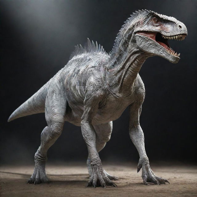 An exceptionally vivid image of a white-skinned Indominus Rex, showcasing its two robust legs and long, menacing arms.