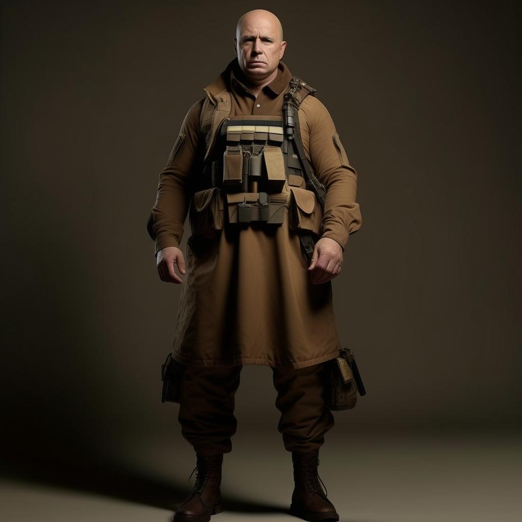 A Hollywood-style kidnapper commander enveloped in an ankle-length coat, wearing an underlying bullet-proof vest and additional ankle-length jacket for a powerfully imposing figure.