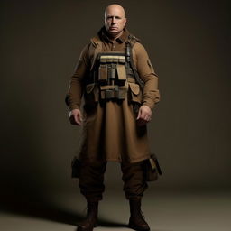 A Hollywood-style kidnapper commander enveloped in an ankle-length coat, wearing an underlying bullet-proof vest and additional ankle-length jacket for a powerfully imposing figure.