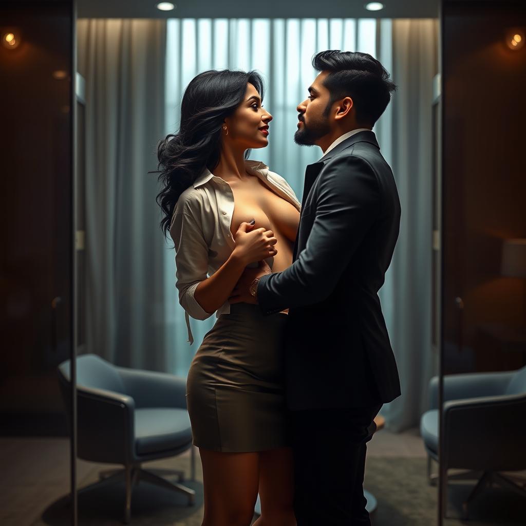 Sensual portrayal of Rakul Preet Singh wearing a stylish short skirt, in an enticing moment of intimacy