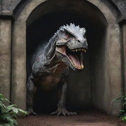 A striking image of the formidable Indominus Rex contained within high, massive walls, showcasing the scale and power of both the beast and its enclosure.